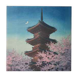 Vintage Japanese Woodblock Spring Evening Pagoda Tile