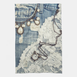 Vintage Jeans Victorian Lace Kitchen Dish Towel