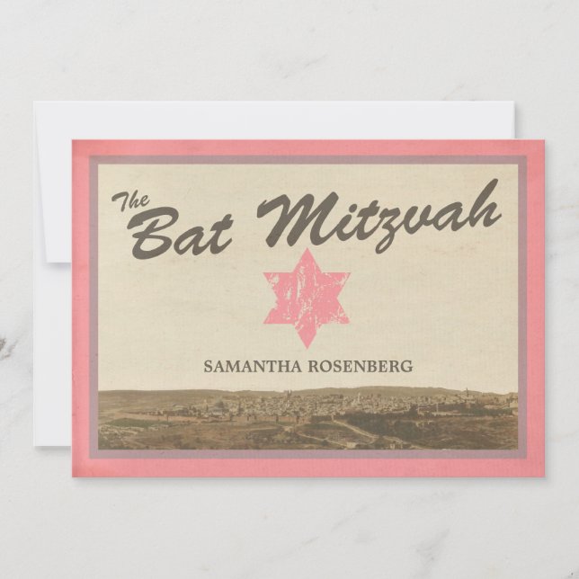 Vintage Jerusalem Bat Mitzvah Invitation in Pink (Front)