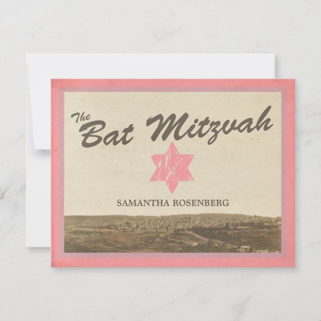 Vintage Jerusalem Bat Mitzvah Reply Card in Pink (Front)