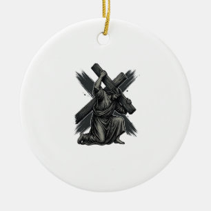 Vintage Jesus Carrying Cross Christian Vector Art Ceramic Tree Decoration