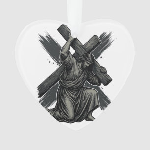 Vintage Jesus Carrying Cross Christian Vector Art Ornament