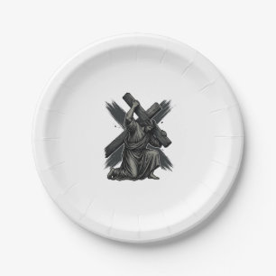 Vintage Jesus Carrying Cross Christian Vector Art Paper Plate