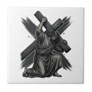 Vintage Jesus Carrying Cross Christian Vector Art Tile