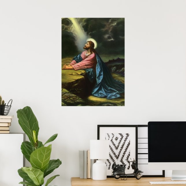 Vintage Jesus Christ Praying, Garden of Gethsemane Poster (Home Office)