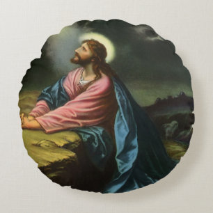 Vintage Jesus Christ Praying, Garden of Gethsemane Round Cushion