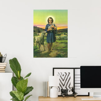 Vintage Jesus Christ the Shepherd with Baby Lamb Poster