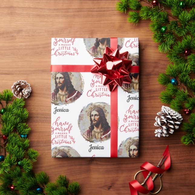 Vintage Jesus Christmas customisable Name  Wrapping Paper (Holiday Gift)