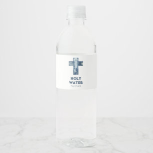 Vintage Jesus Cross Blue Christianity Holy Water Bottle Label