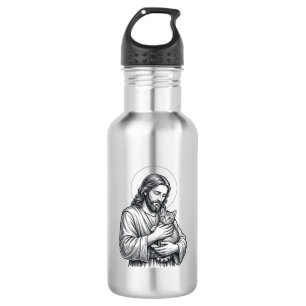 Vintage Jesus Holding Cat Engraving Graphic_1 532 Ml Water Bottle