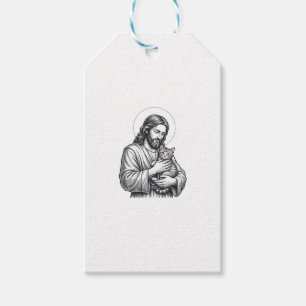 Vintage Jesus Holding Cat Engraving Graphic_1 Gift Tags