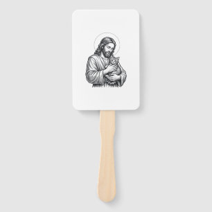 Vintage Jesus Holding Cat Engraving Graphic_1 Hand Fan