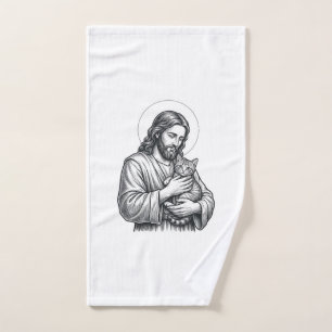 Vintage Jesus Holding Cat Engraving Graphic_1 Hand Towel