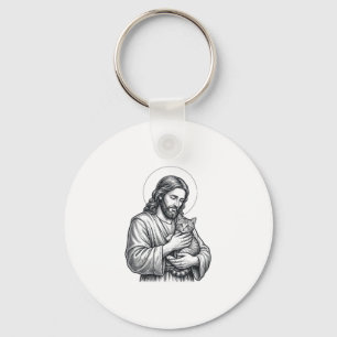 Vintage Jesus Holding Cat Engraving Graphic_1 Key Ring