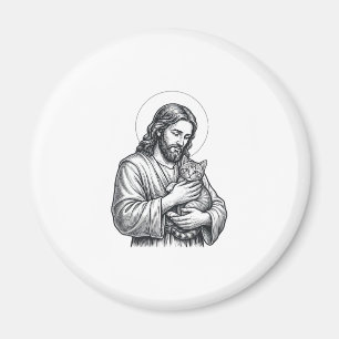 Vintage Jesus Holding Cat Engraving Graphic_1 Magnet