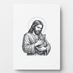 Vintage Jesus Holding Cat Engraving Graphic_1 Plaque
