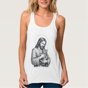 Vintage Jesus Holding Cat Engraving Graphic_1 Singlet
