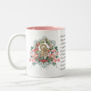 Vintage Jesus Virgin Mary Floral Memorare Prayer   Two-Tone Coffee Mug