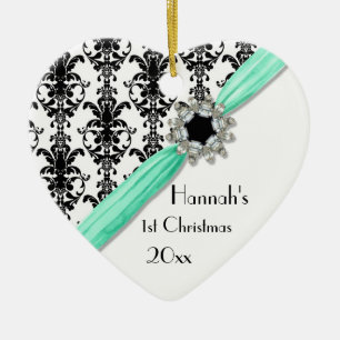 Vintage Jewel Buckle Black White Damask Ribbon Ceramic Tree Decoration