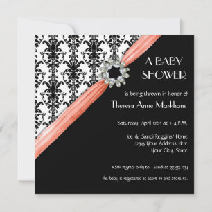 Vintage Jewel Buckle Black White Damask Ribbon Invitation