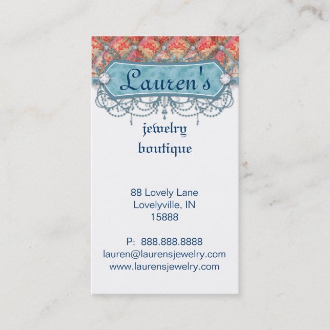 Vintage Jewellery Business Card Tufted Damask Blue (Front)