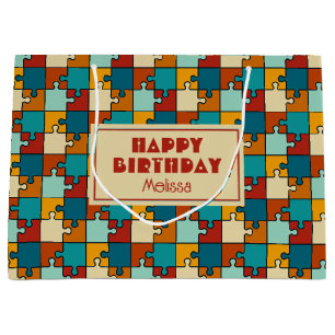 Vintage Jigsaw Puzzle Pieces Pattern Birthday Large Gift Bag