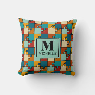 Vintage Jigsaw Puzzle Pieces Pattern Monogram Cushion