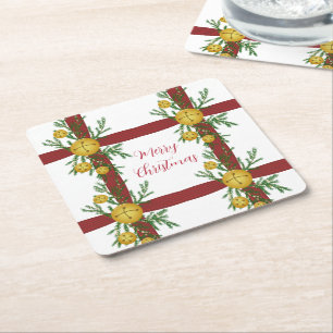 Vintage Jingle Bell Merry Christmas Square Paper Coaster