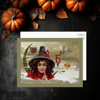 Vintage Jolly Halloween Witch & Owl Large Postcard