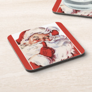 Vintage Jolly Old Santa Shhh Red Coaster