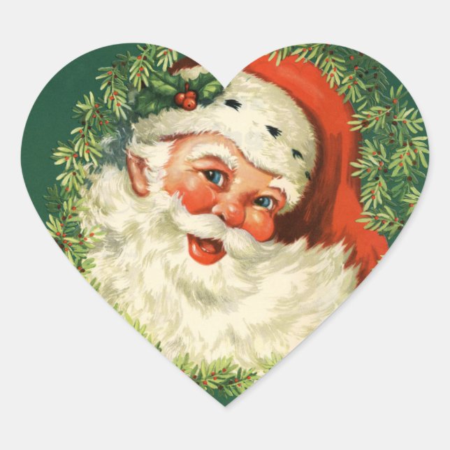Vintage Jolly Santa Face Heart Sticker (Front)