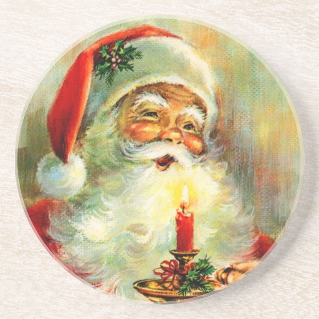 Vintage Jolly Santa with Candle Coaster (Front)