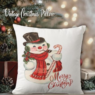 Vintage Jolly Snowman in Top Hat Merry Christmas Cushion