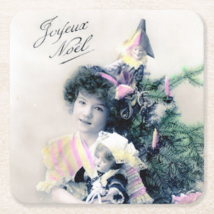 Vintage Joyeux Noël with Girl and Doll Square Paper Coaster