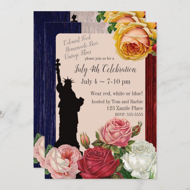 Vintage July 4th Day Roses Invitation (Front/Back)