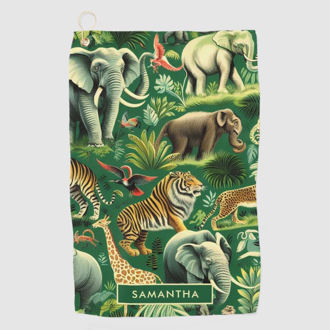 Vintage Jungle Animals Pattern Golf Towel (Front)