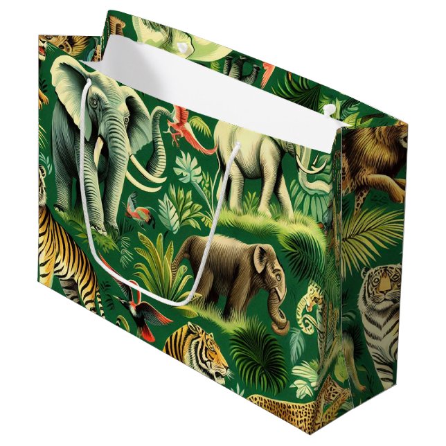 Vintage Jungle Animals Pattern Large Gift Bag (Front Angled)