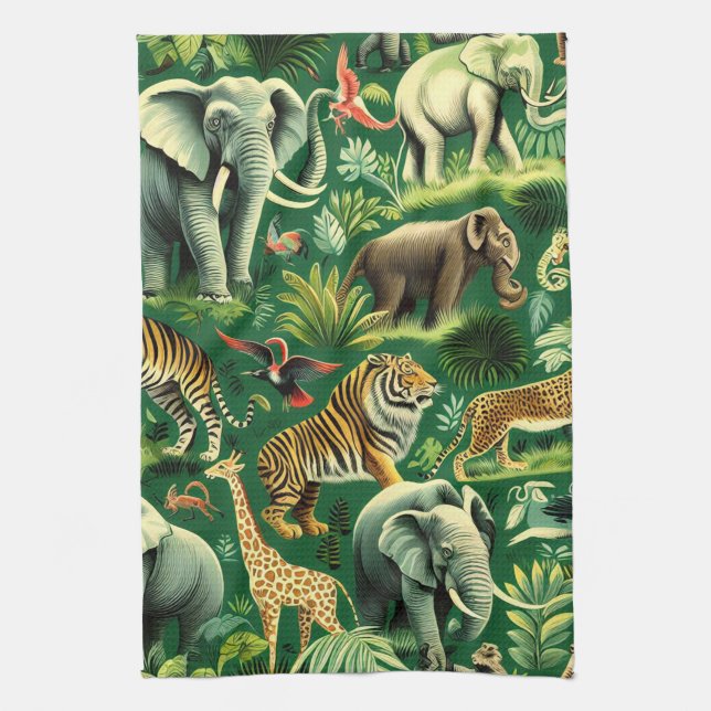 Vintage Jungle Animals Pattern Tea Towel (Vertical)