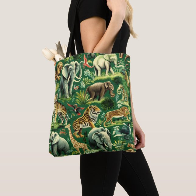 Vintage Jungle Animals Pattern Tote Bag (Close Up)