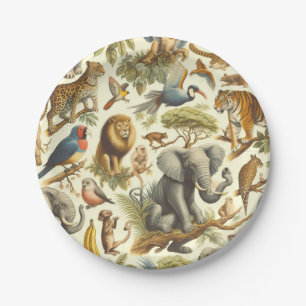 Vintage Jungle Animals Watercolor Paper Plate