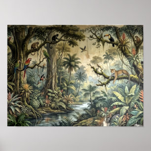 Vintage Jungle Wildlife & Botanical Landscape Art Poster