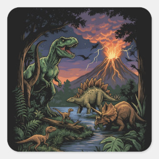 Vintage Jurassic Dinosaur Rex and Triceratops  Square Sticker