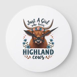 Vintage Just A Girl Who Loves Highland Cows Floral Large Clock