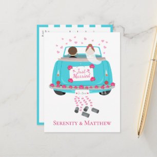 Vintage Just Married Blue Pink Getaway Car Wedding Announcement Postcard