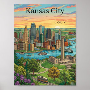 Vintage Kansas City Skyline Travel Art Poster