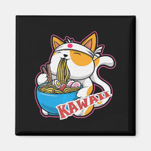 vintage kawaii cat eating ramen anime retro Japane Magnet