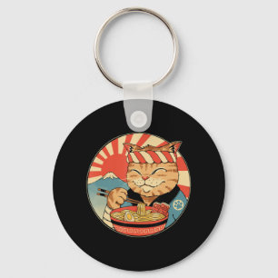 Vintage Kawaii Ramen Cat Neko Anime Japanese Noodl Key Ring