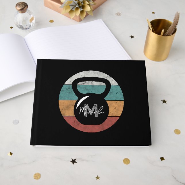 Vintage kettlebell custom monogram name initial guest book (Front Open)