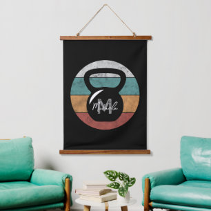 Vintage kettlebell custom monogram name initial hanging tapestry