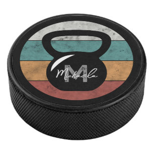 Vintage kettlebell custom monogram name initial hockey puck
